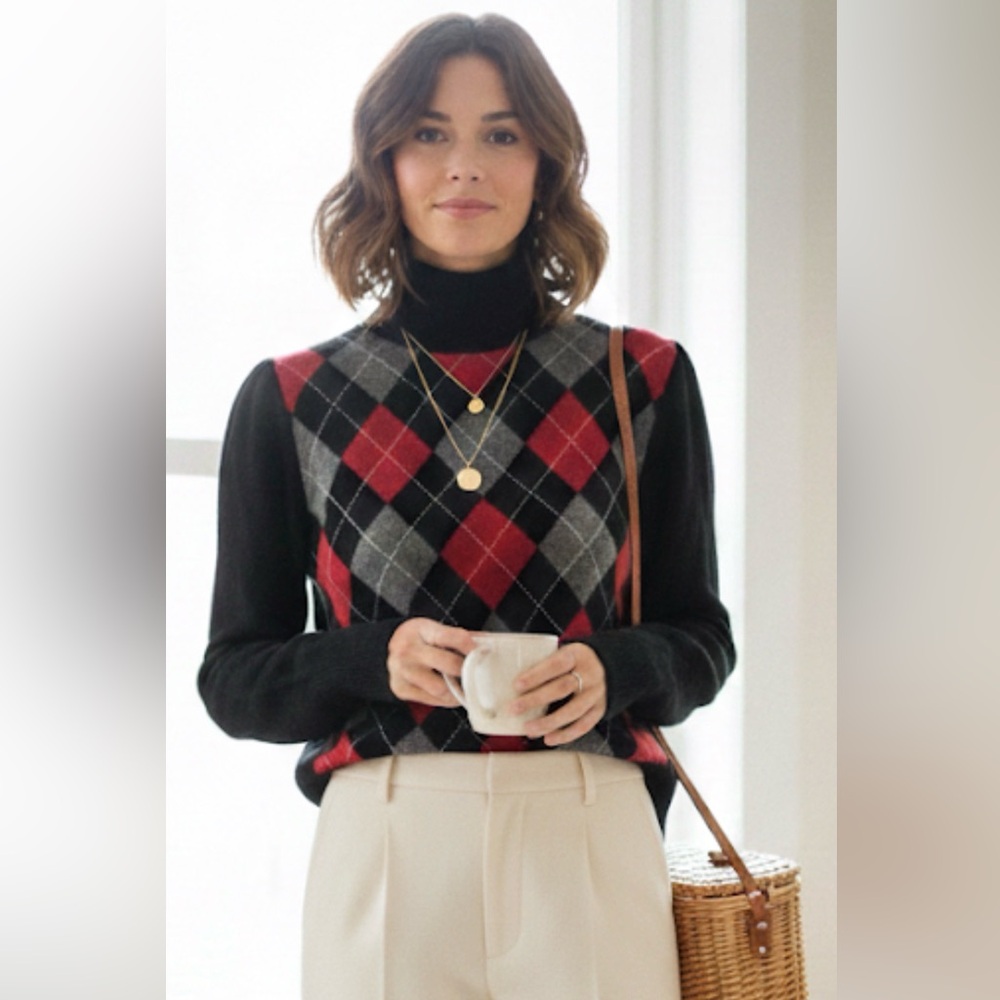 Apt. 9 100% Cashmere Argyle Turtleneck Sweater. Size S.